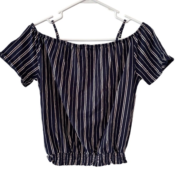 H&M Navy Blue White Stripe Off Shoulder Shirt Blouse Size 12-14 Years - Picture 3 of 3